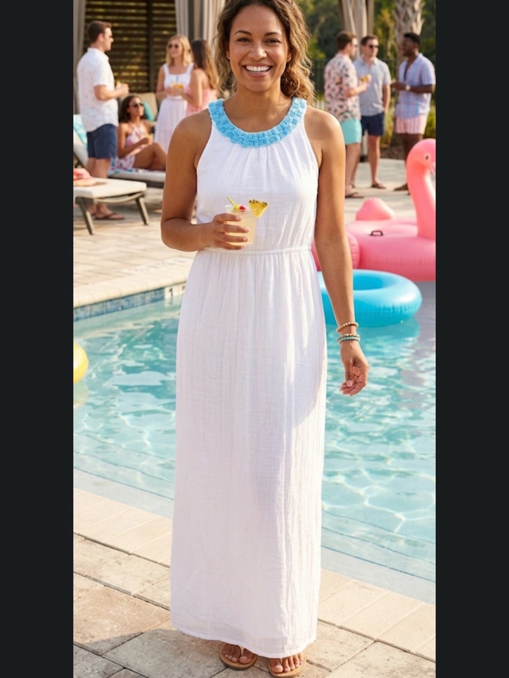 White Gauze Beach Dress 4/6 Maxi‎ Crepe Strapless Boho Beaded Turquoise Festival